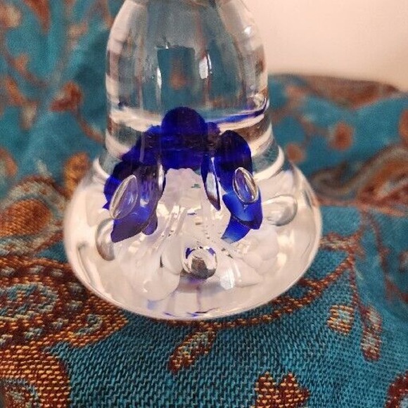 Joe Rice St Clair Blown Glass Bell Blue White Flower 2016 Paperweight 4.25" - Picture 2 of 6